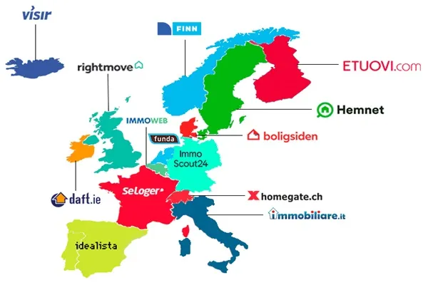 Europeiska länder med logotypen för en ledande fastighetssajt